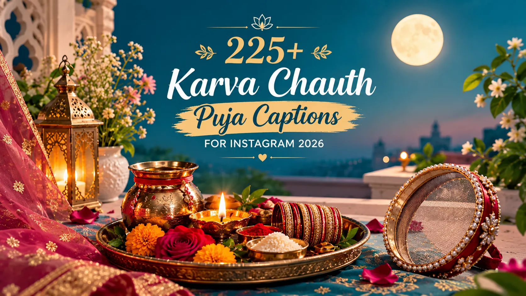 Alt text:
 Karva Chauth puja thali with diya and traditional festive decorations